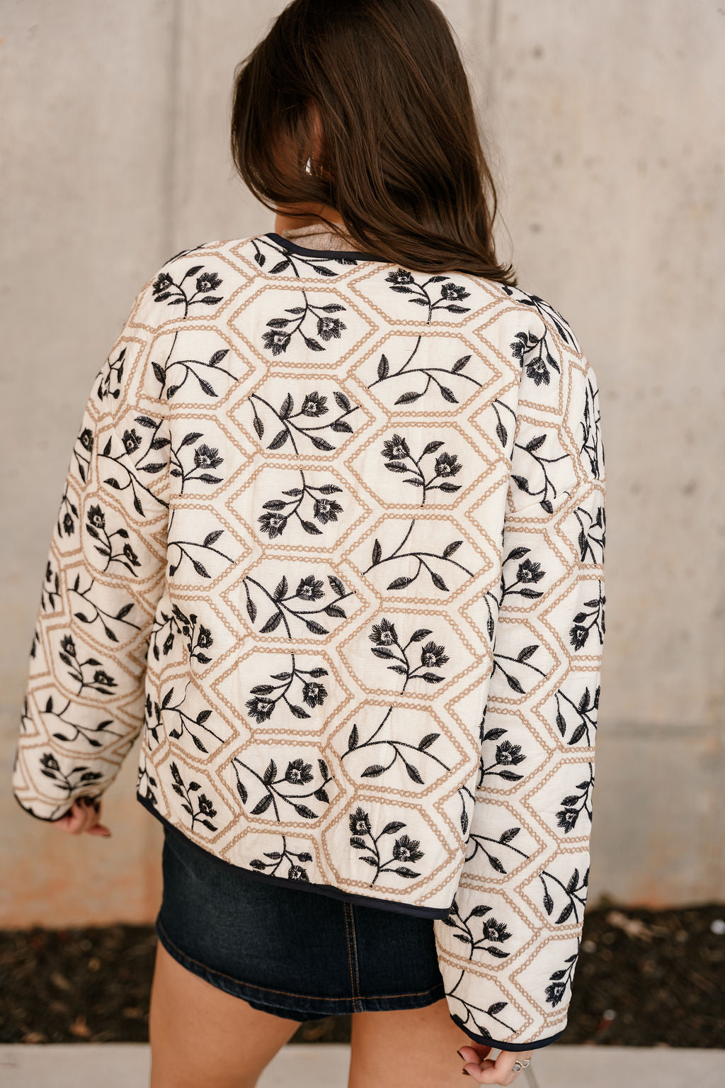 Dani Cream & Navy Multi Floral Jacket- close up back view