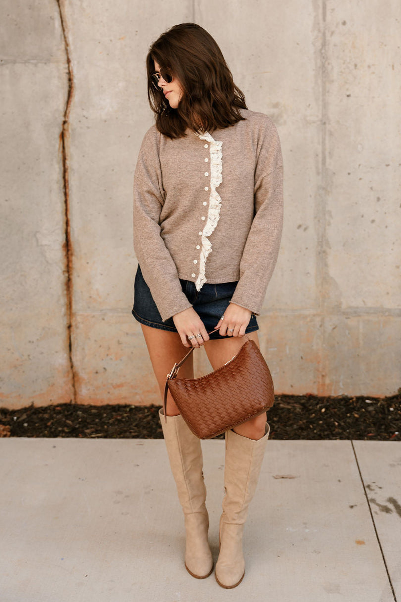 Brandy Taupe & Lace Cardigan - full body front view