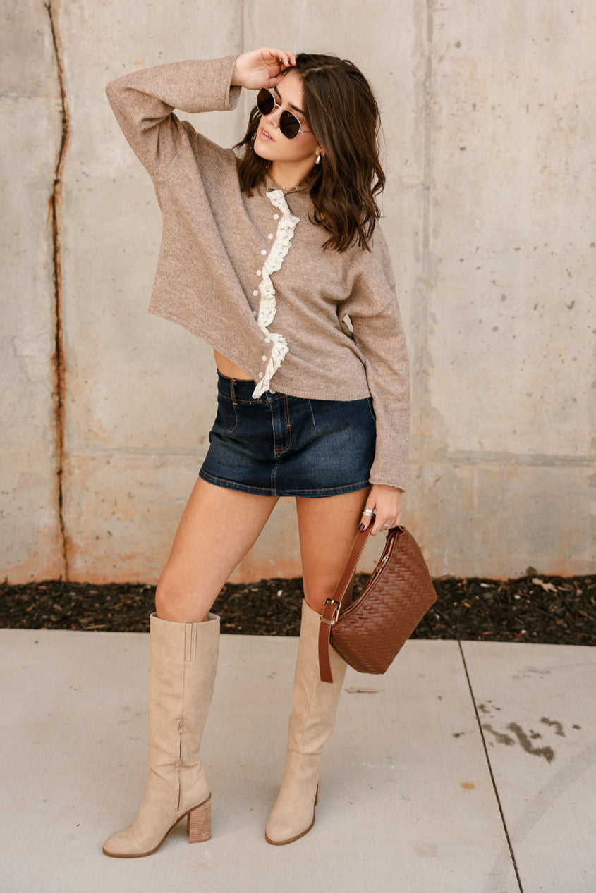 Brandy Taupe & Lace Cardigan - full body front