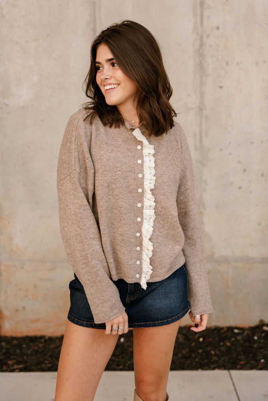 Brandy Taupe & Lace Cardigan - front view