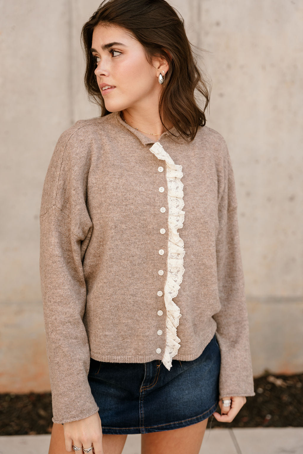 Brandy Taupe & Lace Cardigan - close up front view