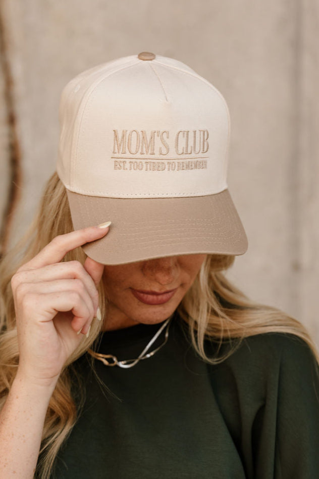 Mom's Club Too Tired To Remember Trucker Hat - front view on model