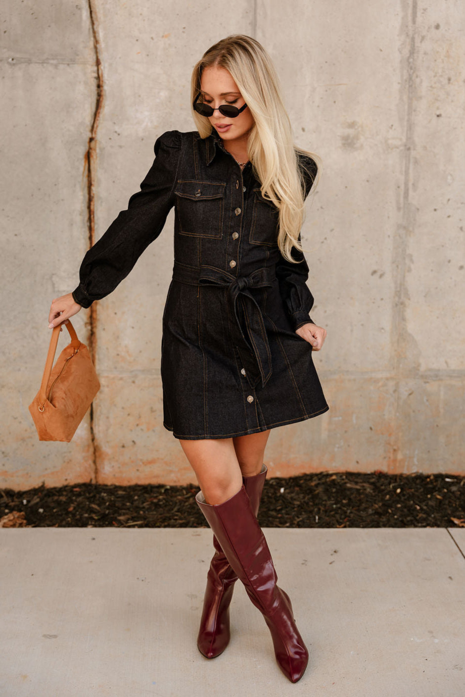 Lia Denim Long Sleeve Mini Dress - full body front view
