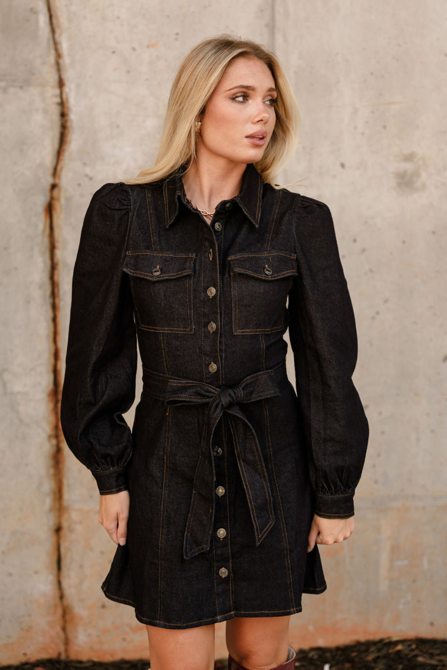 Lia Denim Long Sleeve Mini Dress - front view