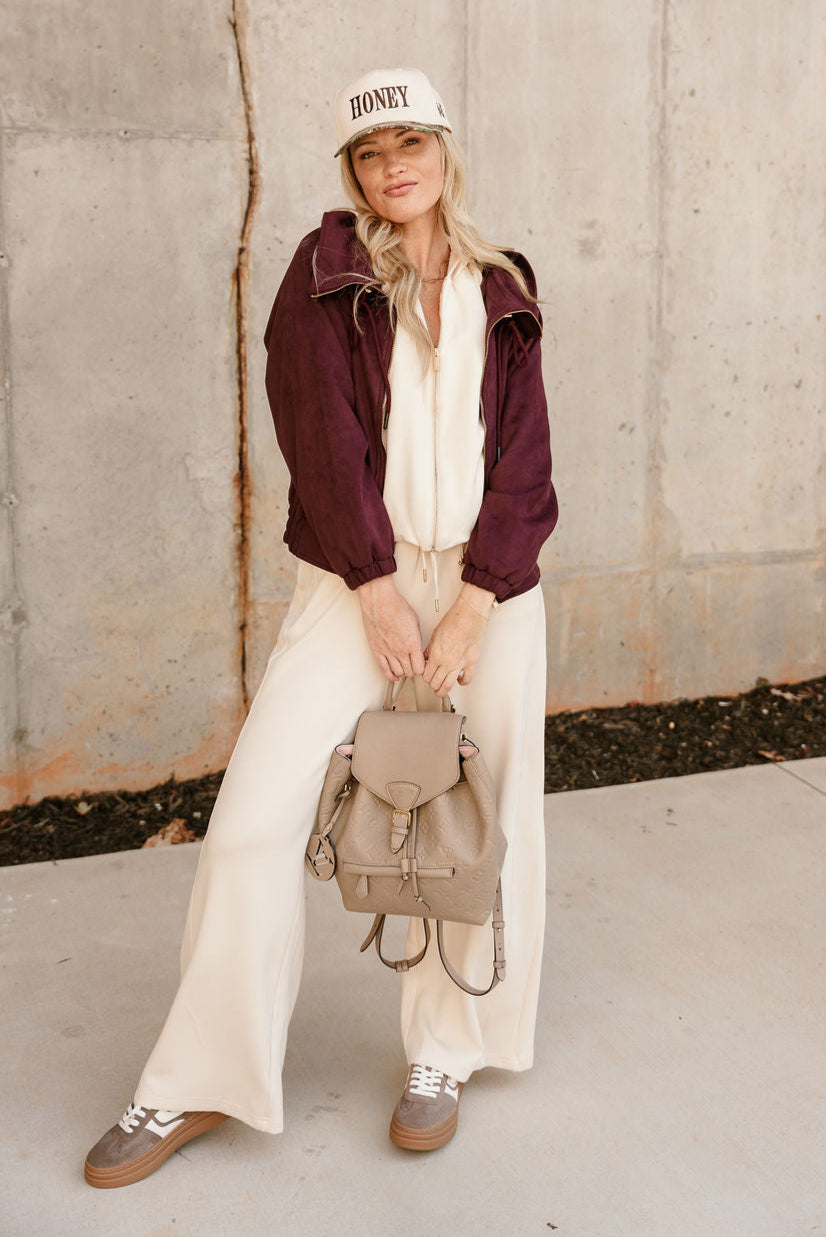 Caroline Plum Suede Zip Up Jacket - full body front view