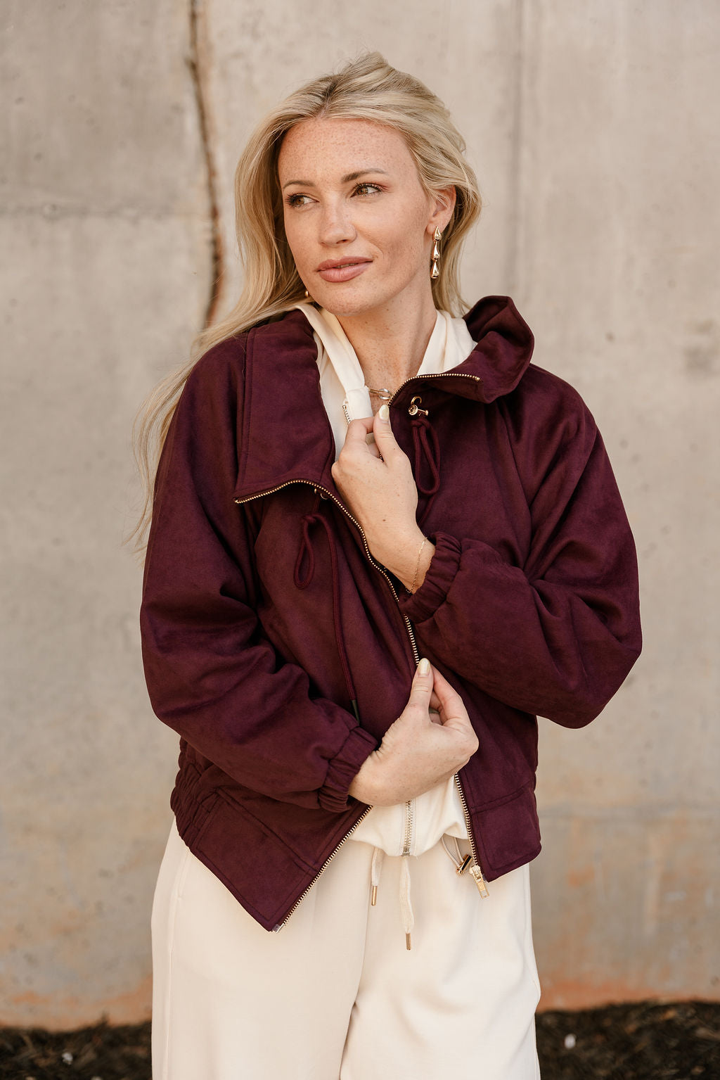 Caroline Plum Suede Zip Up Jacket - close up front view
