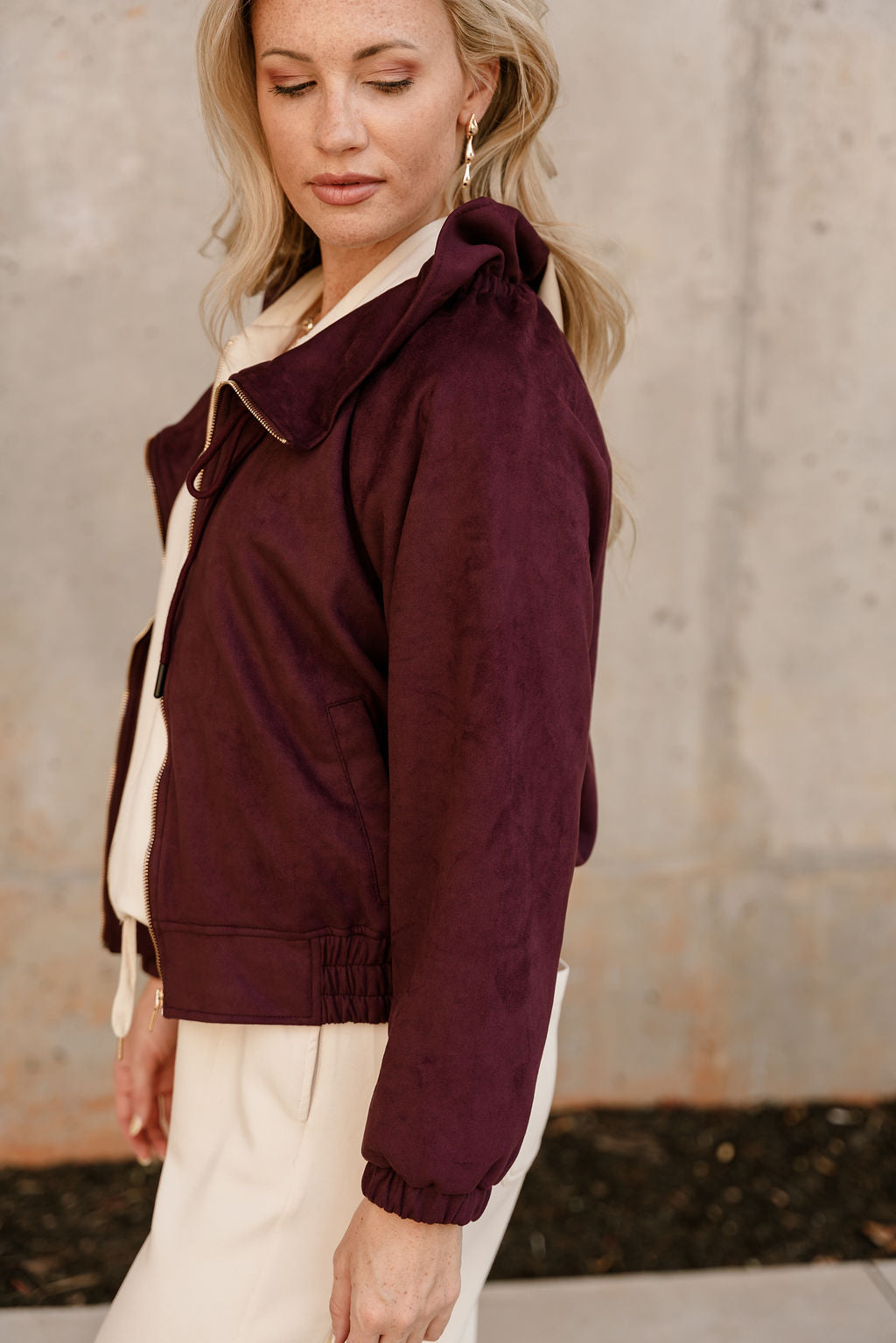Caroline Plum Suede Zip Up Jacket - side view