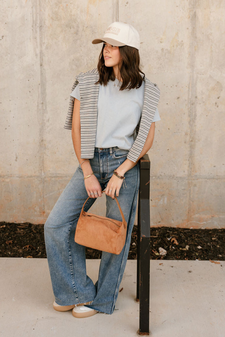 Cameron Dusty Blue Short Sleeve Tee - full body front view with sweater