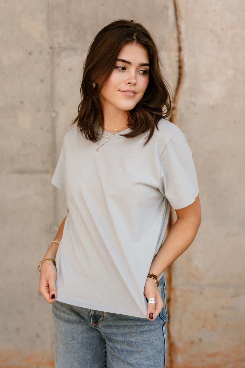 Cameron Dusty Blue Short Sleeve Tee - front view untucked