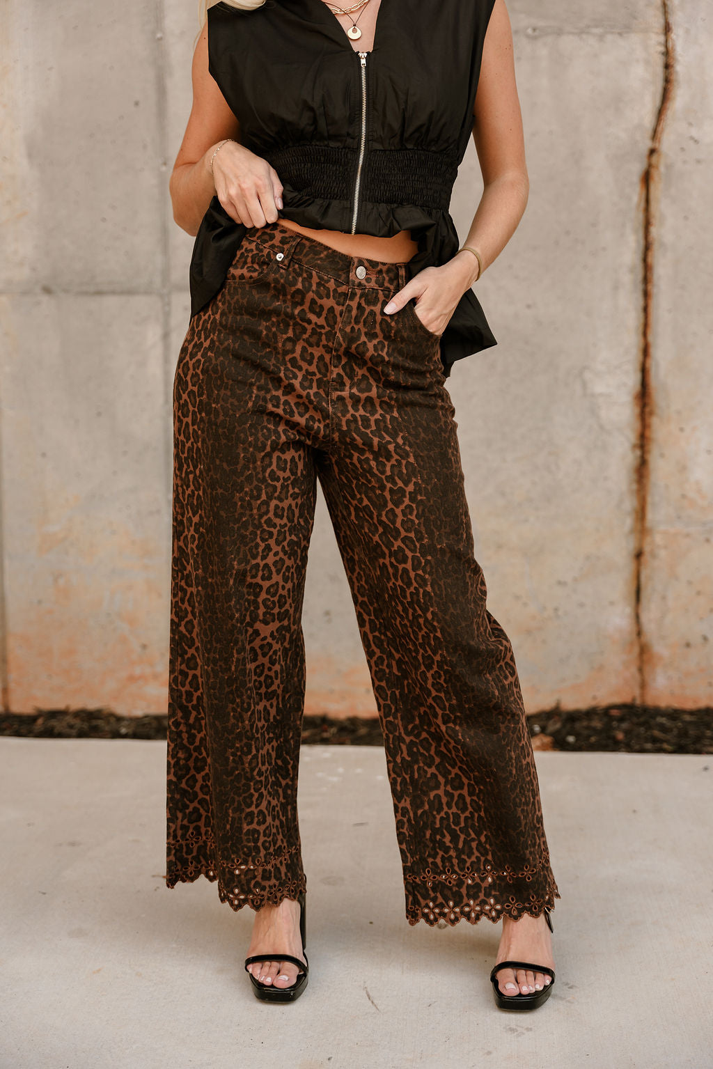 Asheville Cheetah Eyelet Wide Leg Jeans - front view