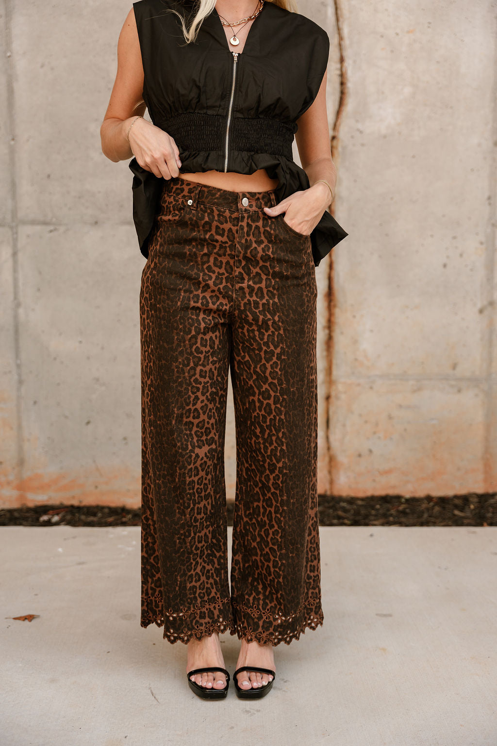 Asheville Cheetah Eyelet Wide Leg Jeans - front