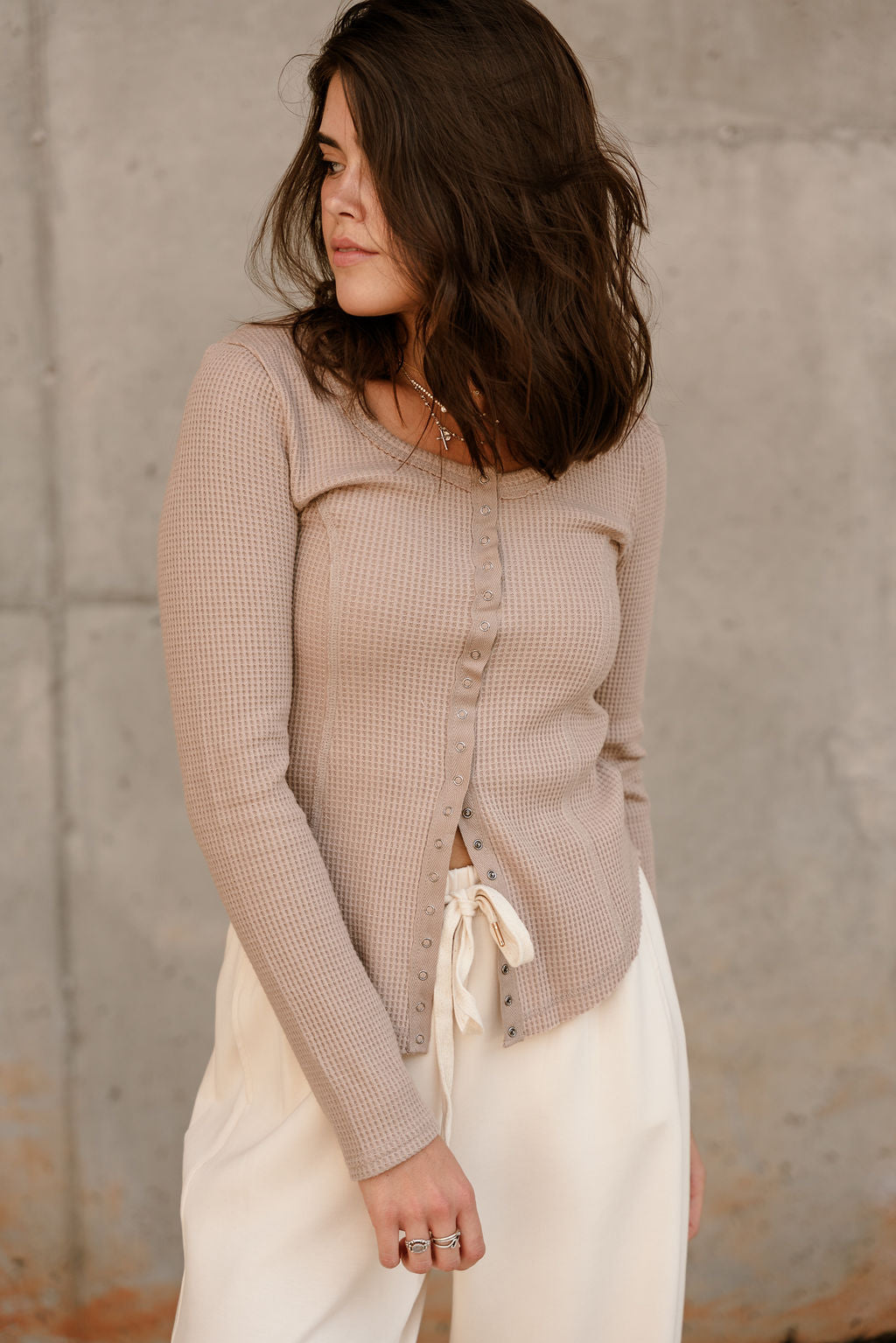 Greta Mocha Waffle Knit Long Sleeve Top - front view