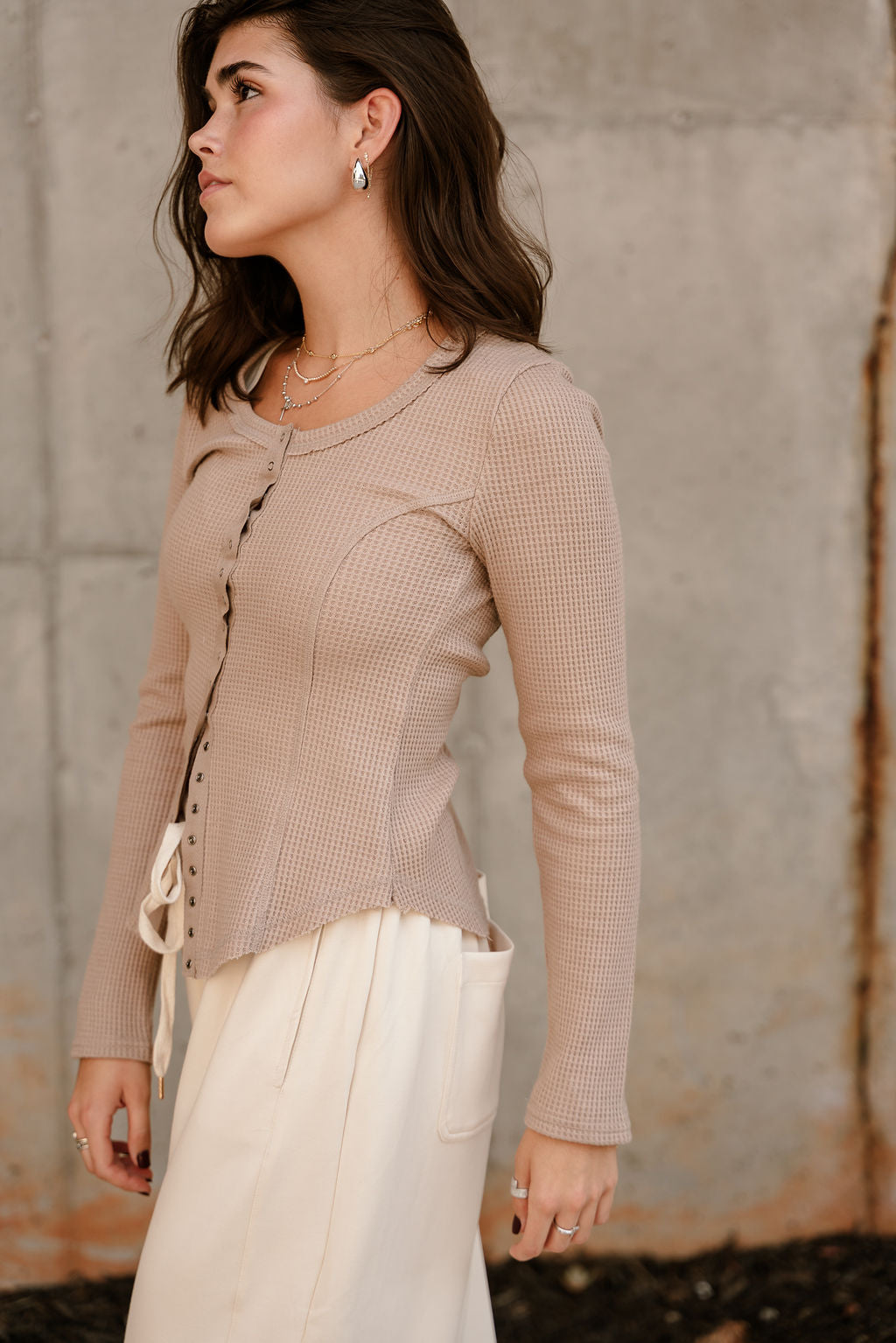 Greta Mocha Waffle Knit Long Sleeve Top - frontal side view