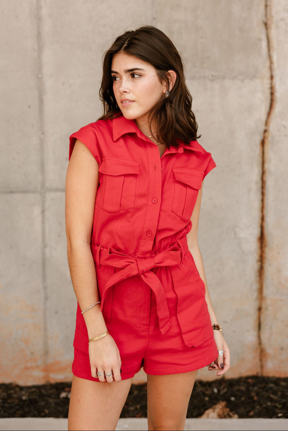 Breana Red Denim Short Sleeve Romper - front view