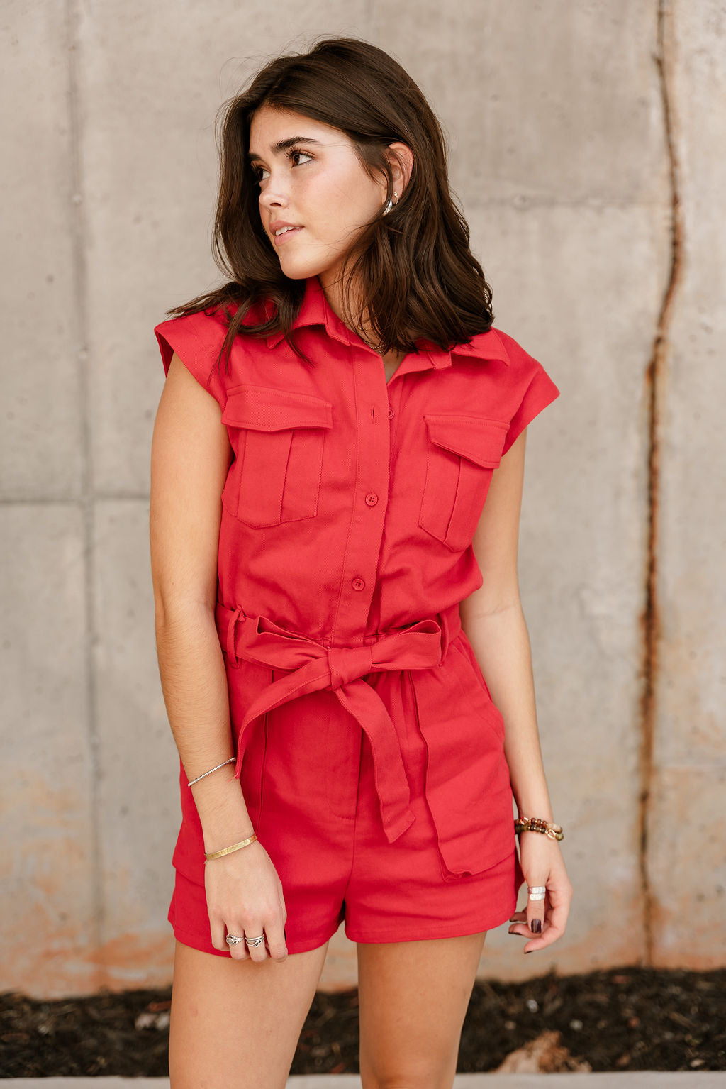 Breana Red Denim Short Sleeve Romper - front 