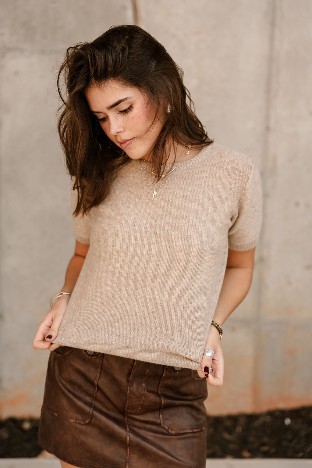 Aliya Taupe Knit Short Sleeve Sweater - close front view