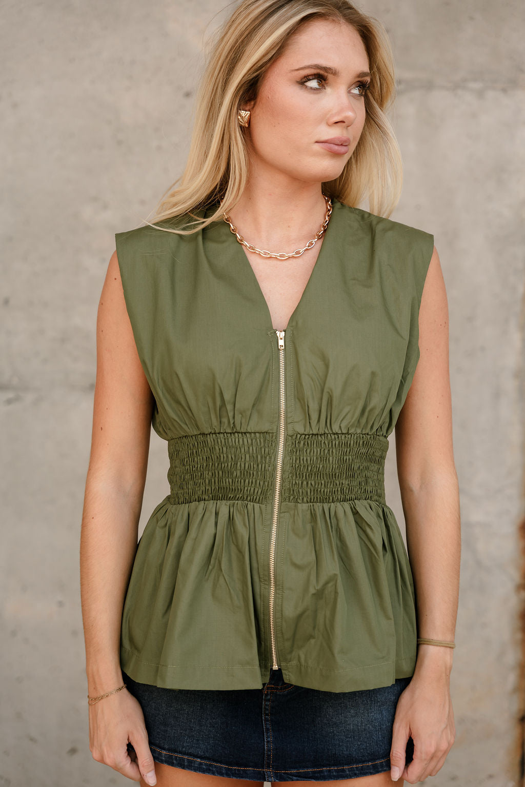 Gia Olive & Gold Zip-Up Flare Tank- close up front view