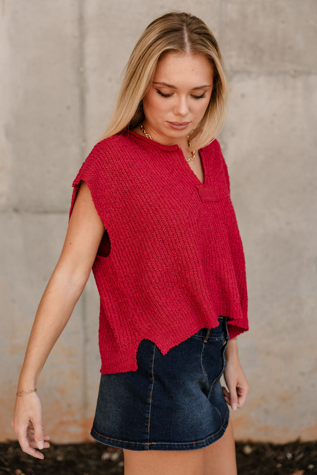 Ava Red Sleeveless Sweater- frontal side view