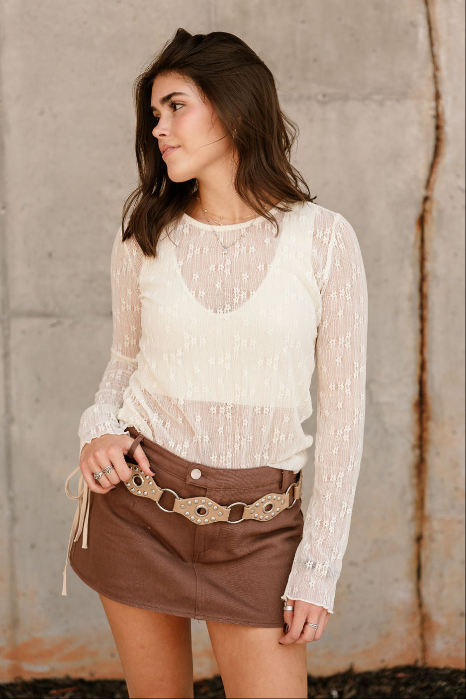 Lara Cream Floral Mesh Long Sleeve Top - front