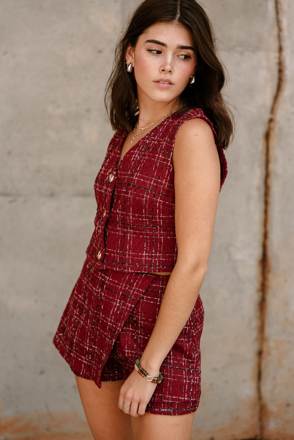 Cassidy Burgundy & Black Tweed Vest- frontal side view