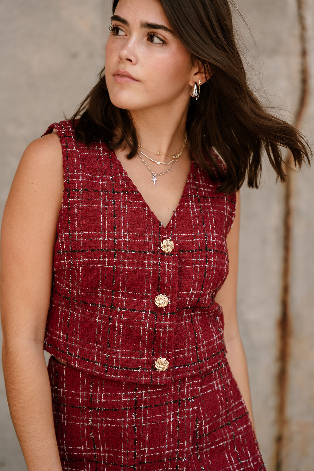 Cassidy Burgundy & Black Tweed Vest- close up front view