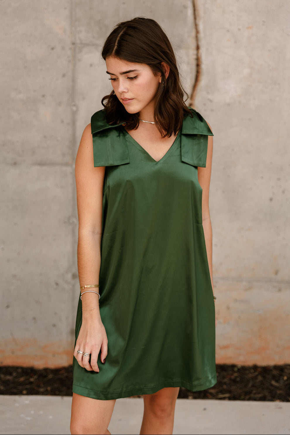Elle Hunter Green Satin Mini Dress- front view