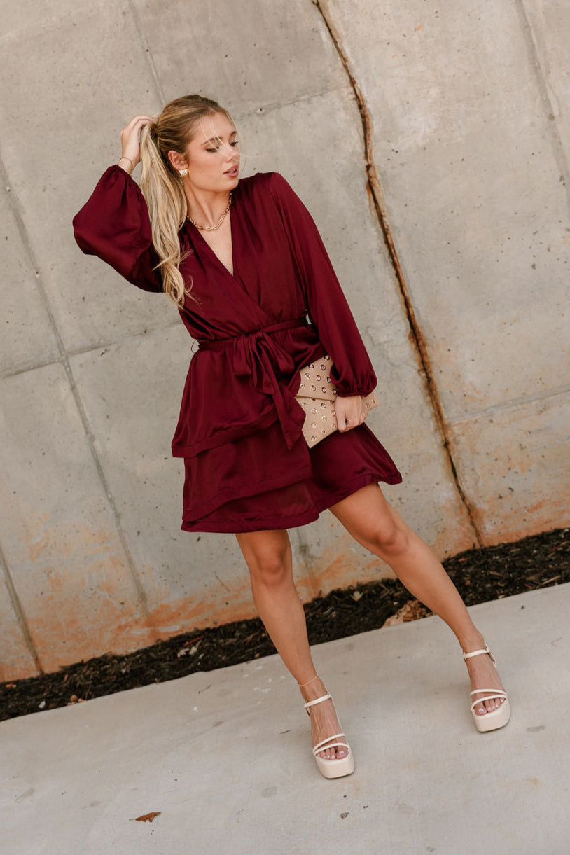 Selah Burgundy Satin Flare Mini Dress- full body view