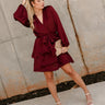 Selah Burgundy Satin Flare Mini Dress- full body view