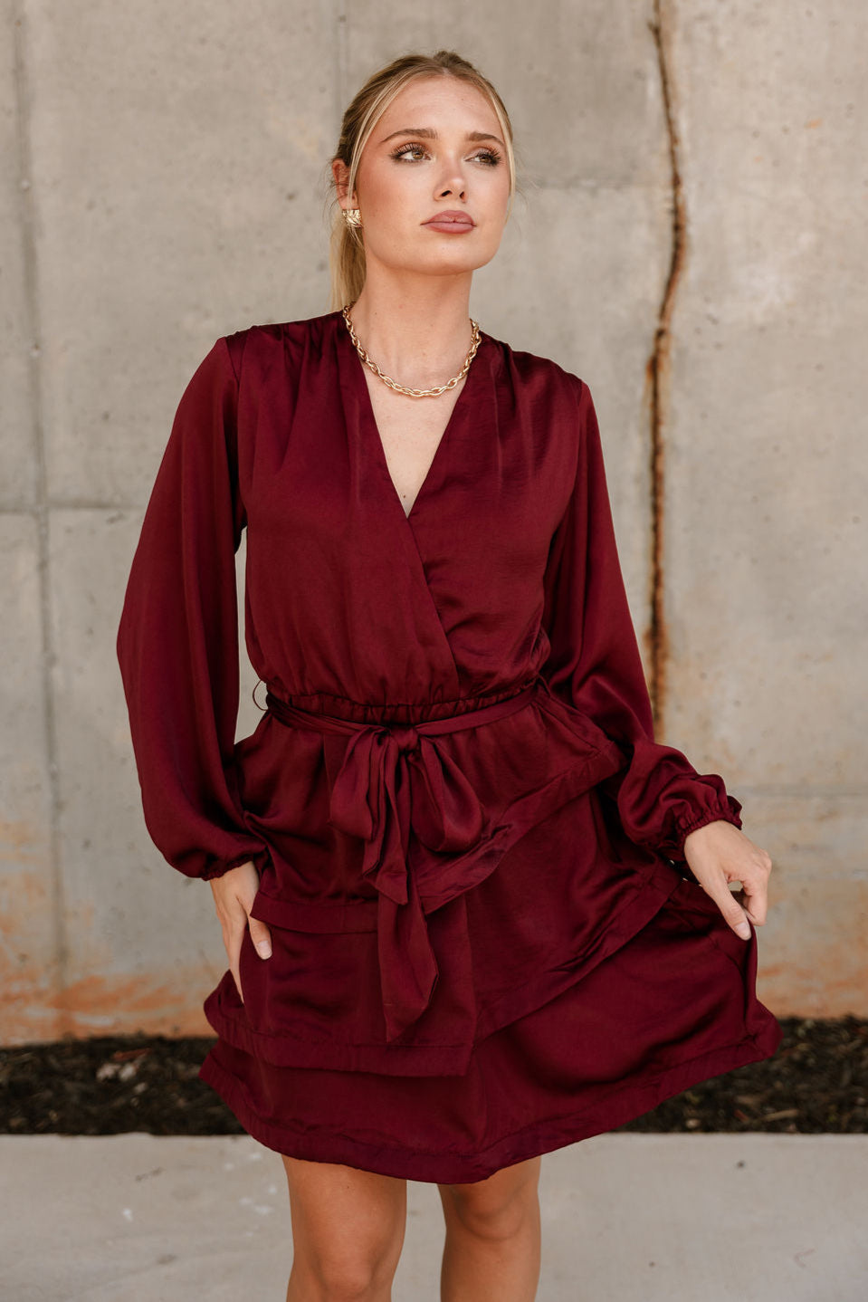Selah Burgundy Satin Flare Mini Dress- close up front view