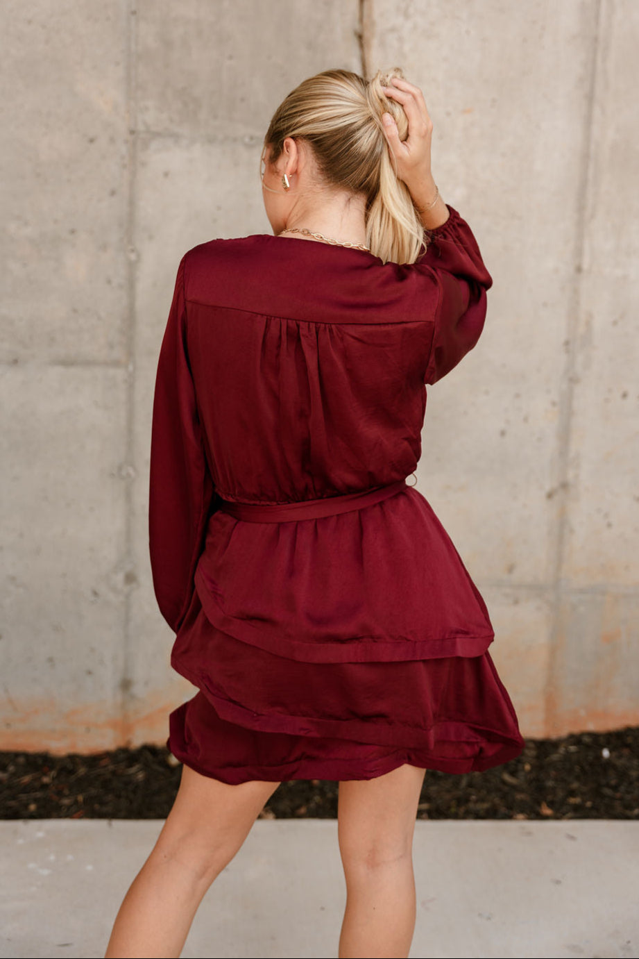 Selah Burgundy Satin Flare Mini Dress- full back view