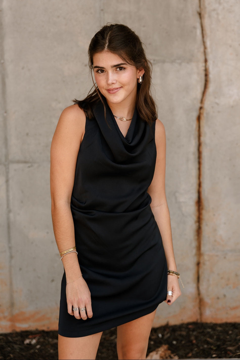 Daniela Navy Satin High Neckline Mini Dress- close up top view