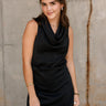 Daniela Navy Satin High Neckline Mini Dress- close up top view