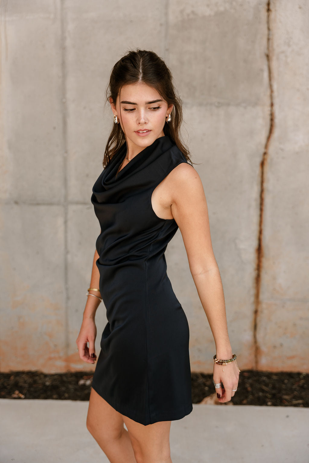 Daniela Navy Satin High Neckline Mini Dress- side view