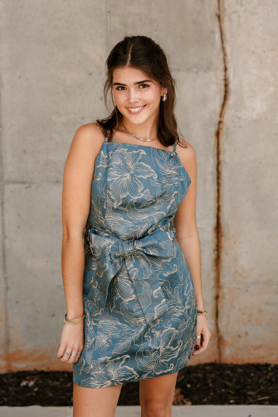 Jenna Blue & Gold Floral Tie Waist Mini Dress- front top view