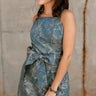 Jenna Blue & Gold Floral Tie Waist Mini Dress- frontal side view
