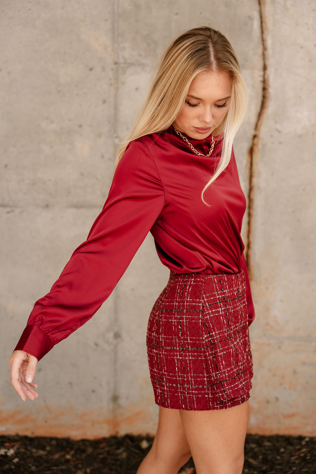 Aleena Burgundy Red Satin Top- frontal side view