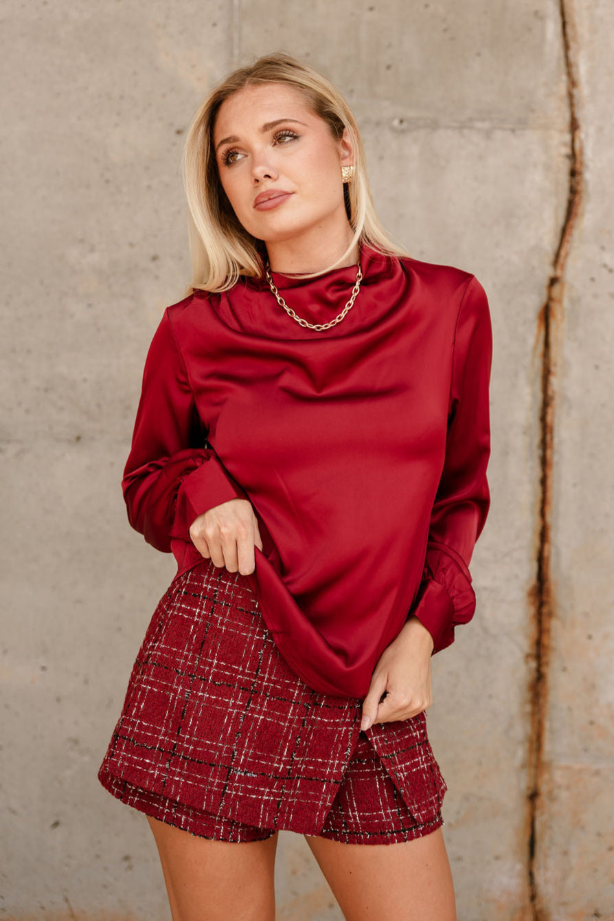 Aleena Burgundy Red Satin Top- top front view