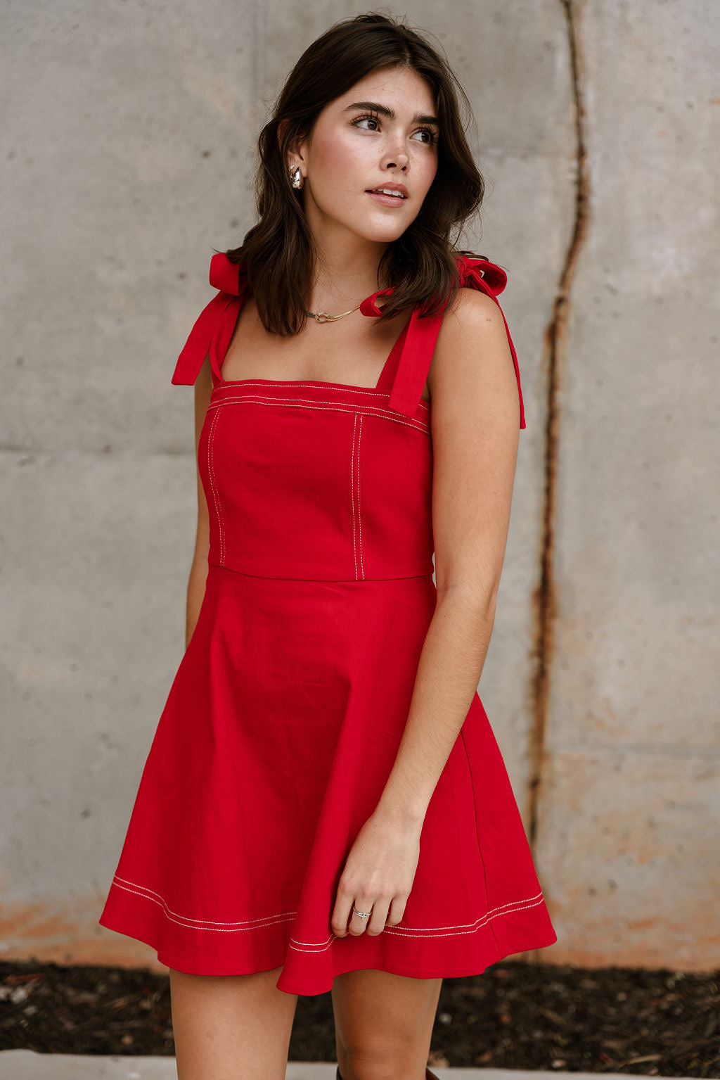 Chelsea Red Denim Tie Strap Mini Dress - front view