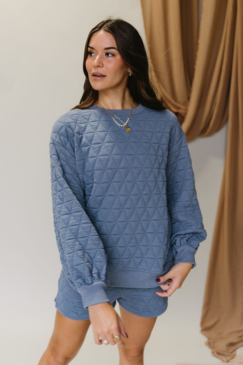 Ada Dusty Blue Quilt Long Sleeve Sweatshirt- front top view