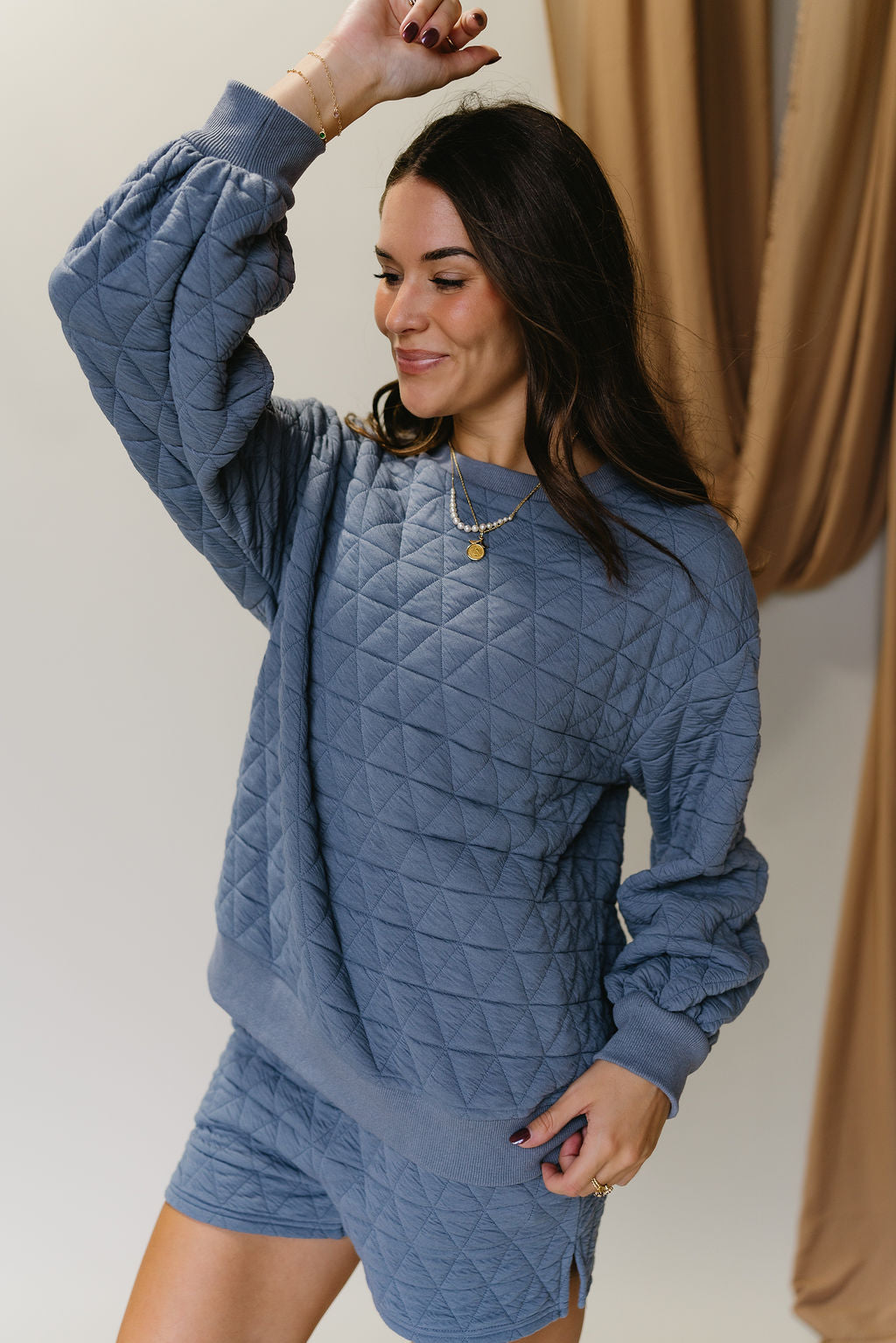 Ada Dusty Blue Quilt Long Sleeve Sweatshirt- side view