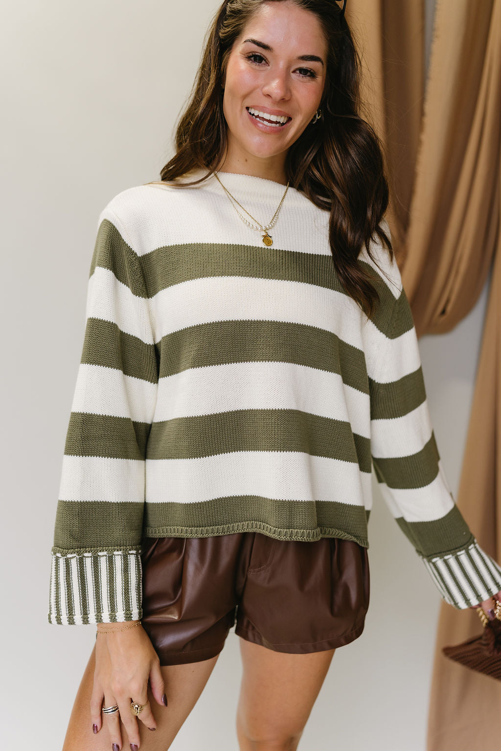 Lyra Olive & White Stripe Sweater- close up front view