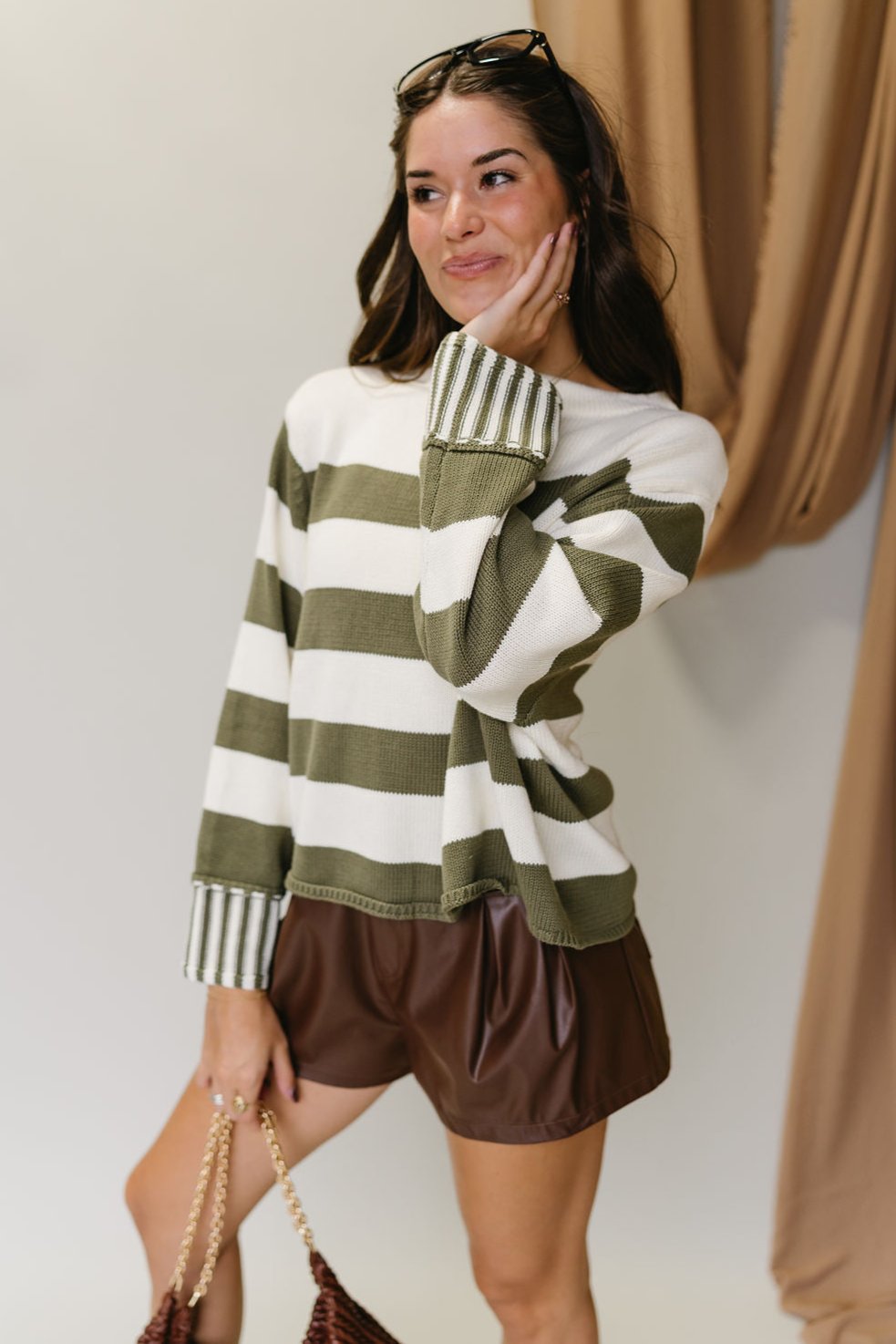 Lyra Olive & White Stripe Sweater- frontal side view