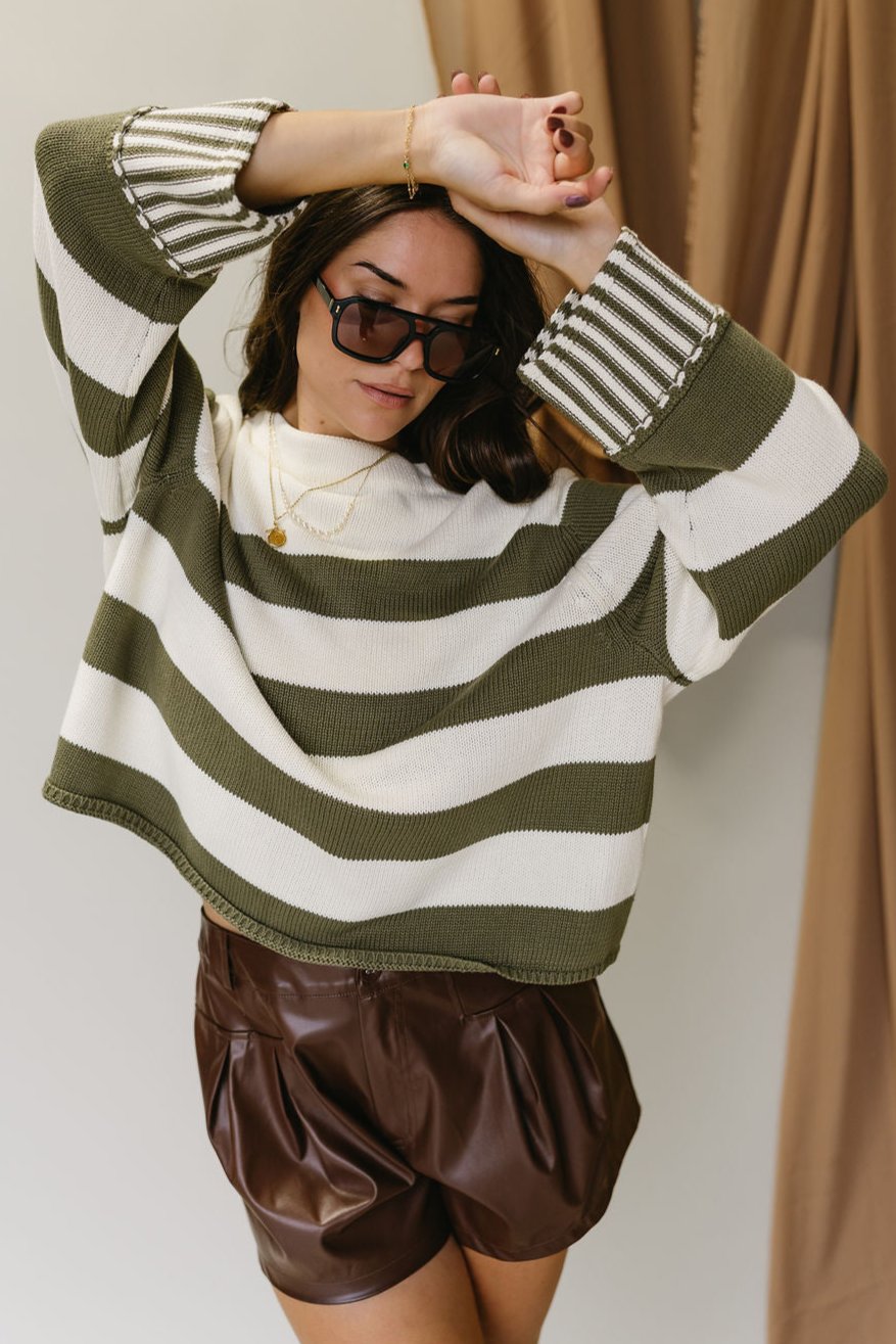 Lyra Olive & White Stripe Sweater- front view