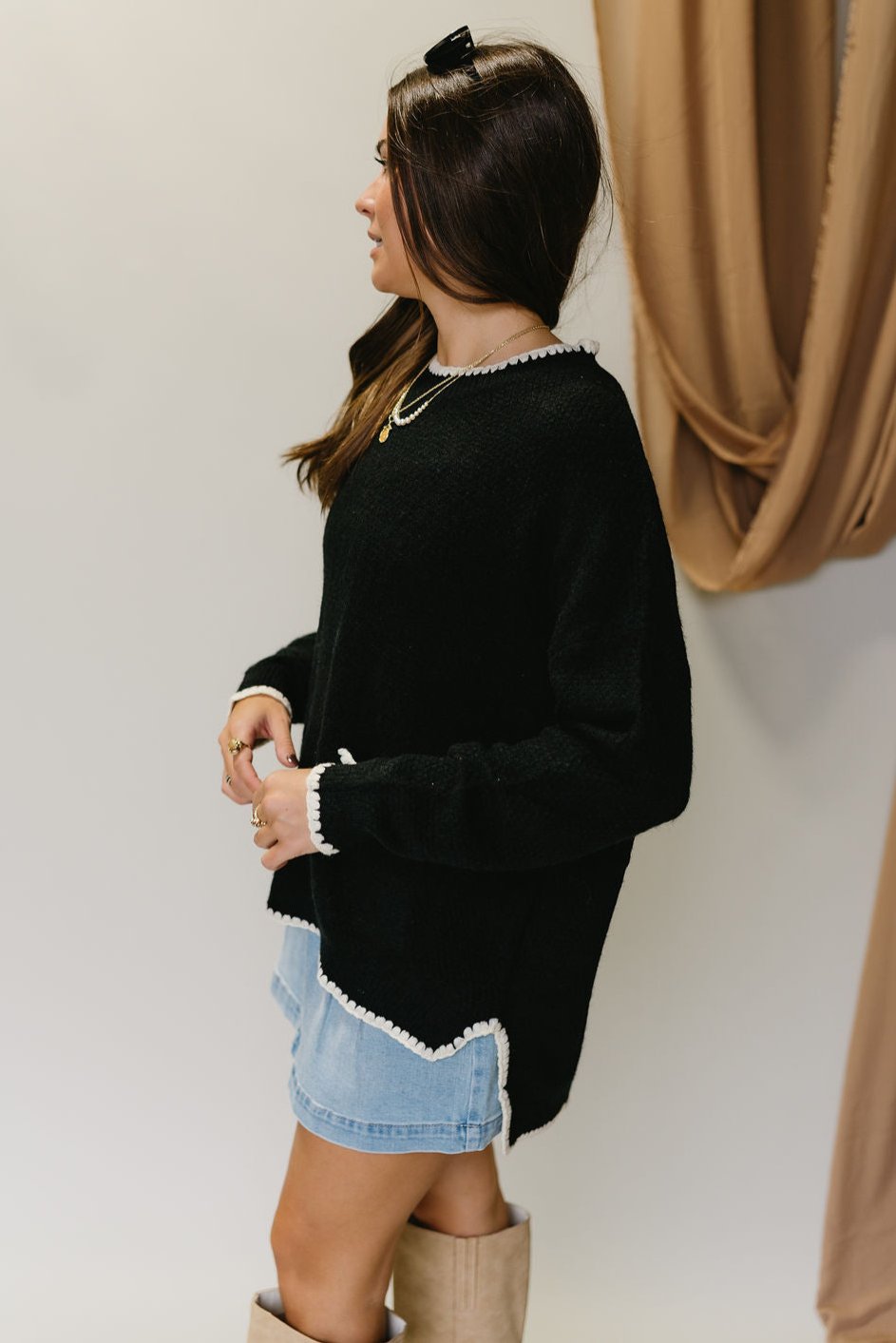 Sia Black & White Scallop Knit Sweater- full body side view