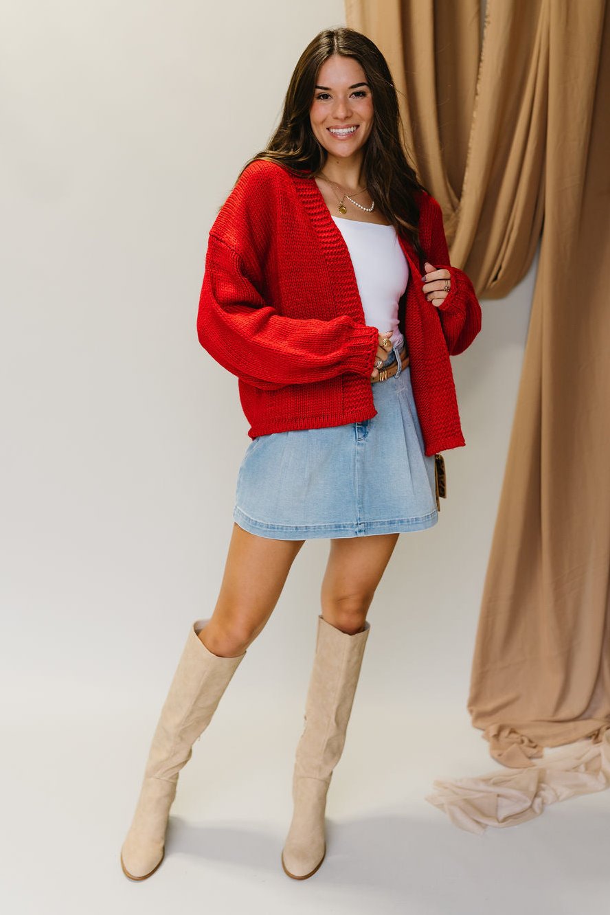 Sonya Red Cable Knit Cardigan-full body view