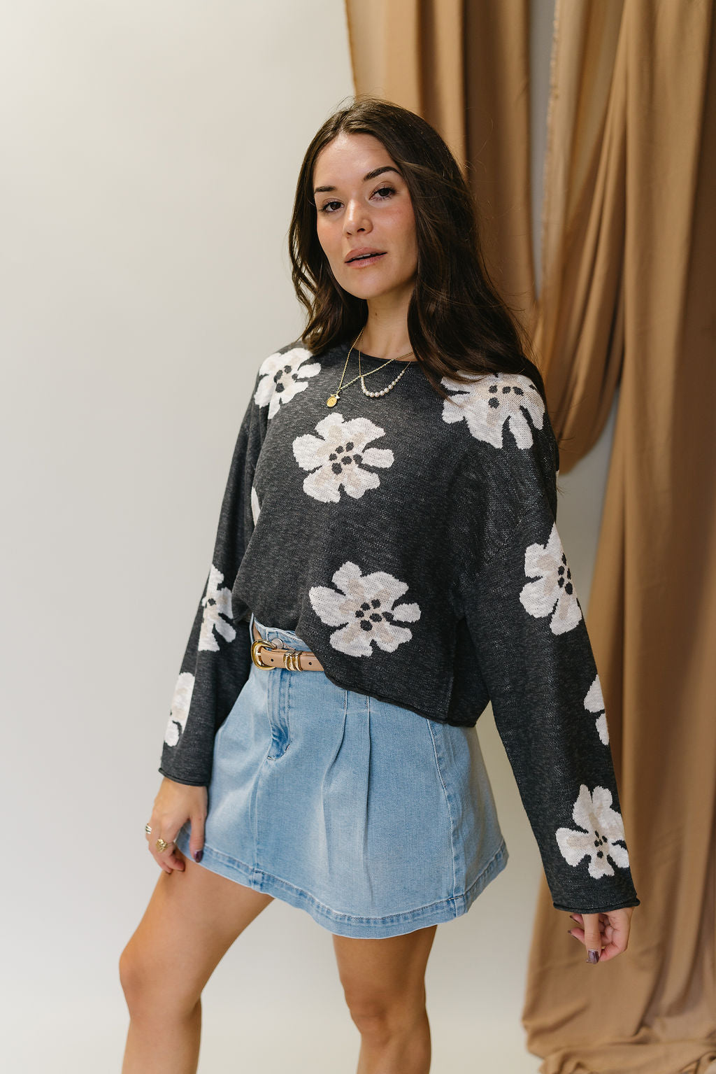 Lana Charcoal & Cream Floral Sweater- side view