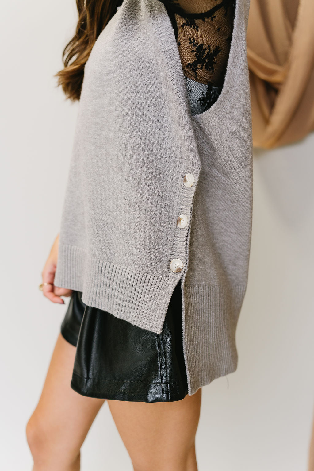 Bristol Heather Grey Buttoned Knit Vest- close up side view