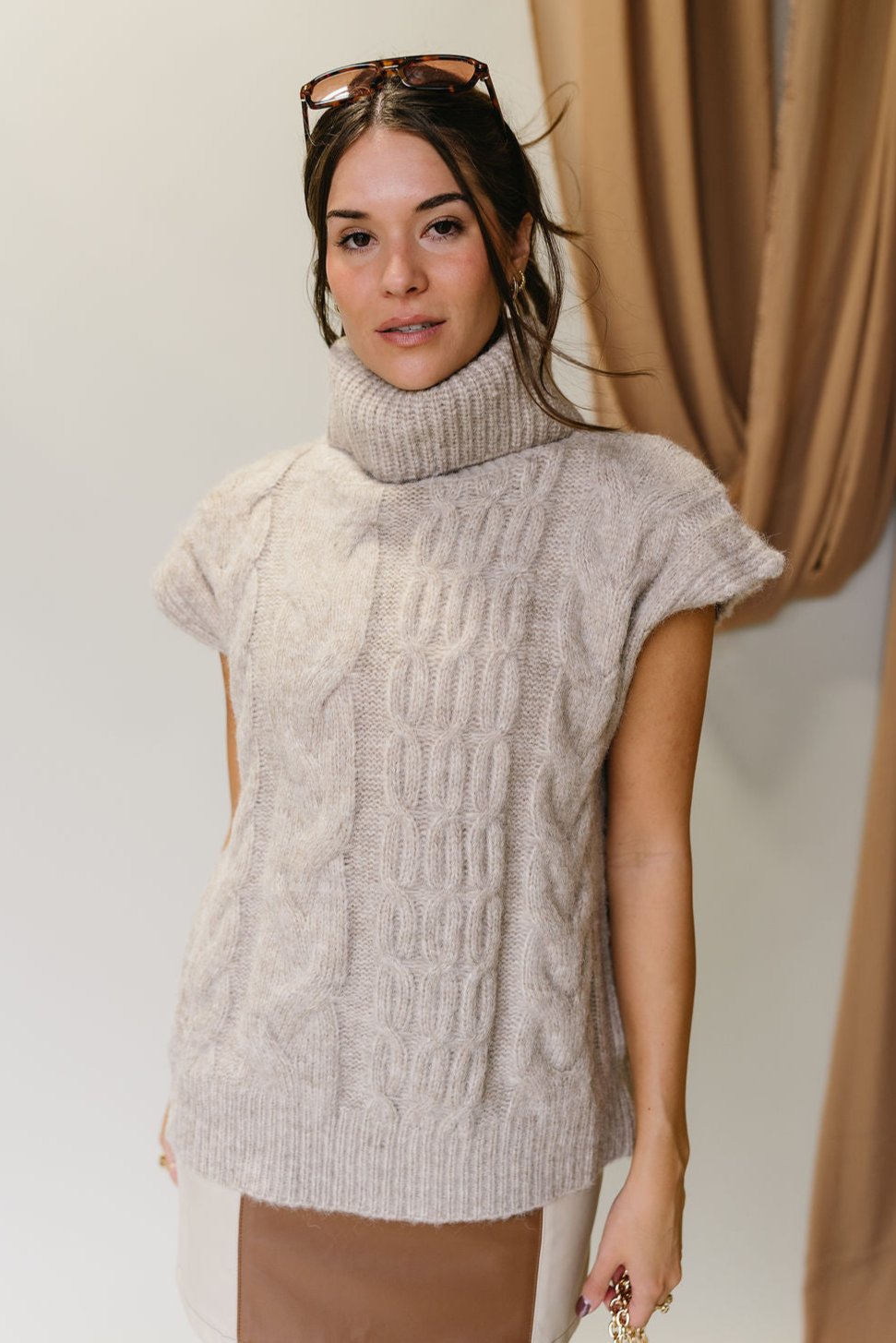 Odessa Light Taupe Cable Knit Sweater- front view