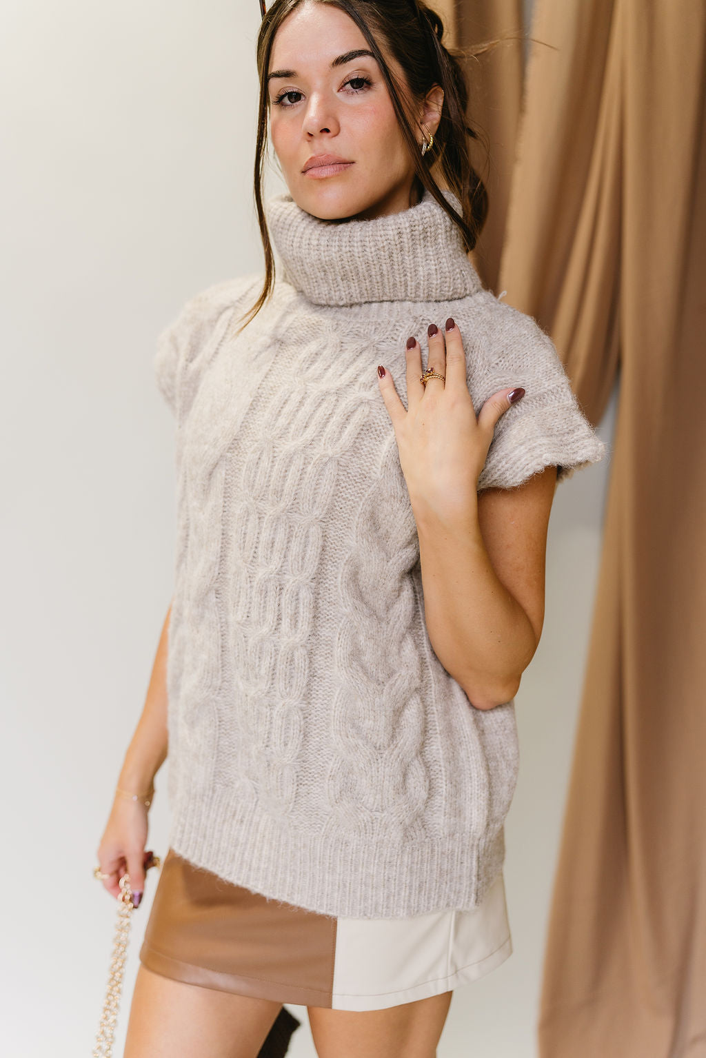 Odessa Light Taupe Cable Knit Sweater- frontal side view