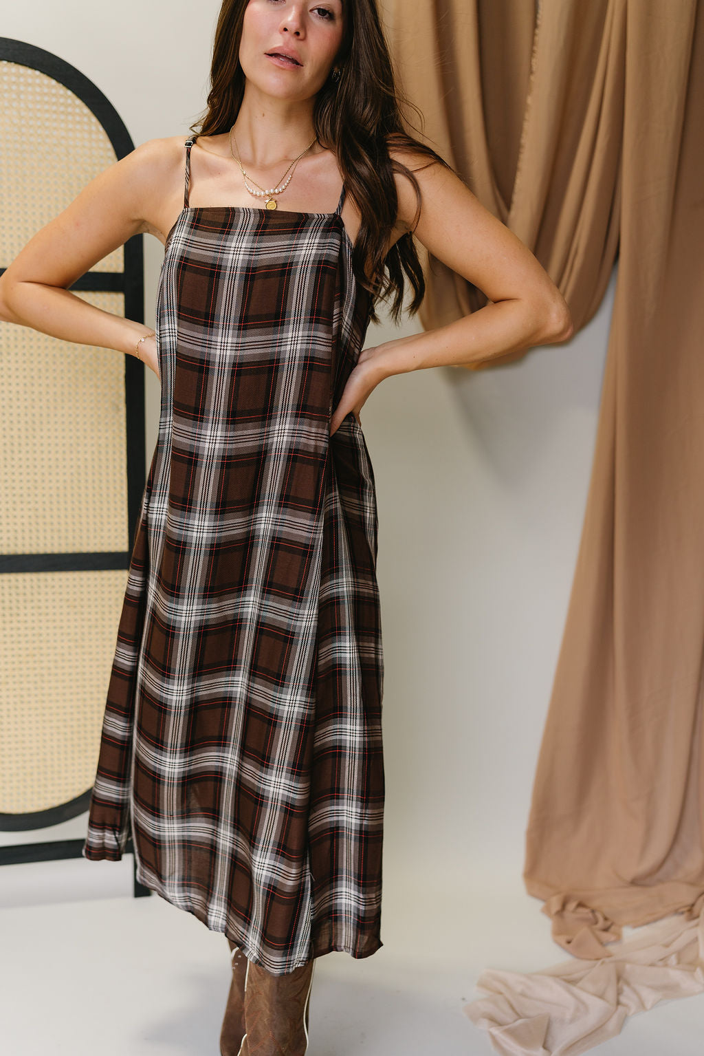 Leighton Brown Plaid Midi Dress - Lizard Thicket Leighton Brown Plaid Midi Dress - Lizard Thicket